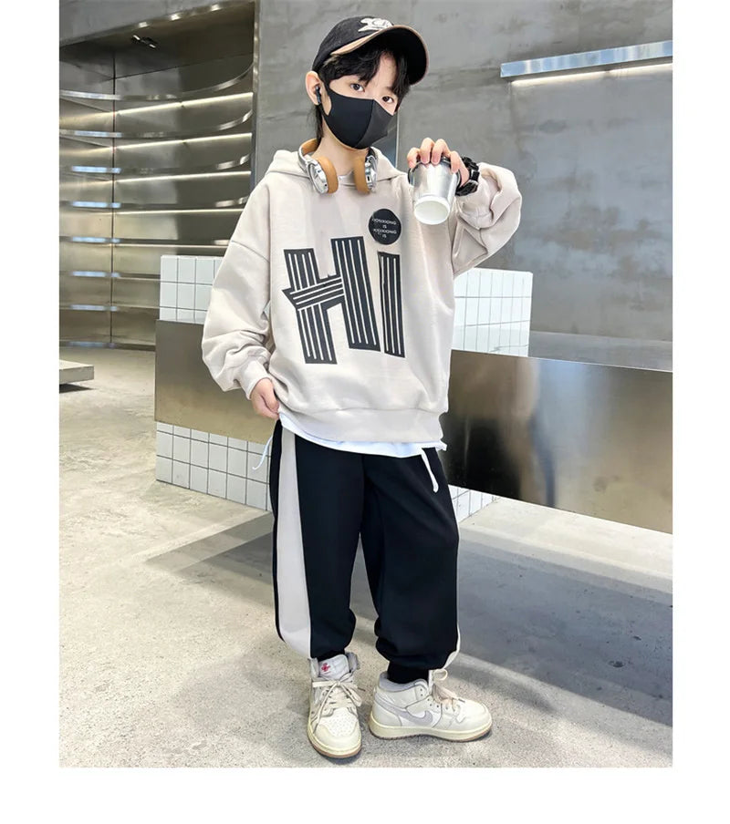 Costume sweat-shirt pour garçons, ensemble décontracté, à la mode, pour enfants et adolescents, à capuche, tendance, haut et pantalon, 2 pièces, nouvelle collection automne printemps 2025