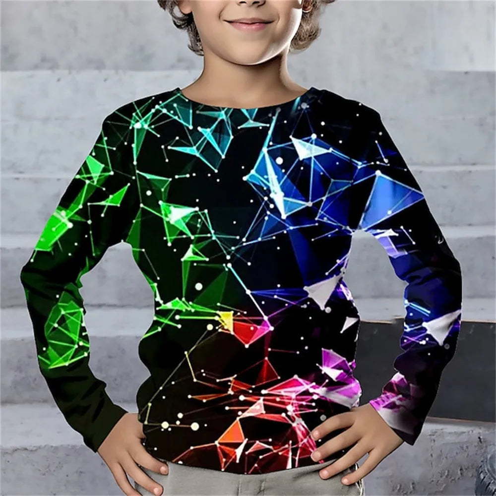 T-Shirt à manches longues pour garçon, vêtements une pièce à col rond, imprimé géométrique éclair, vêtements décontractés pour enfants, automne 2025