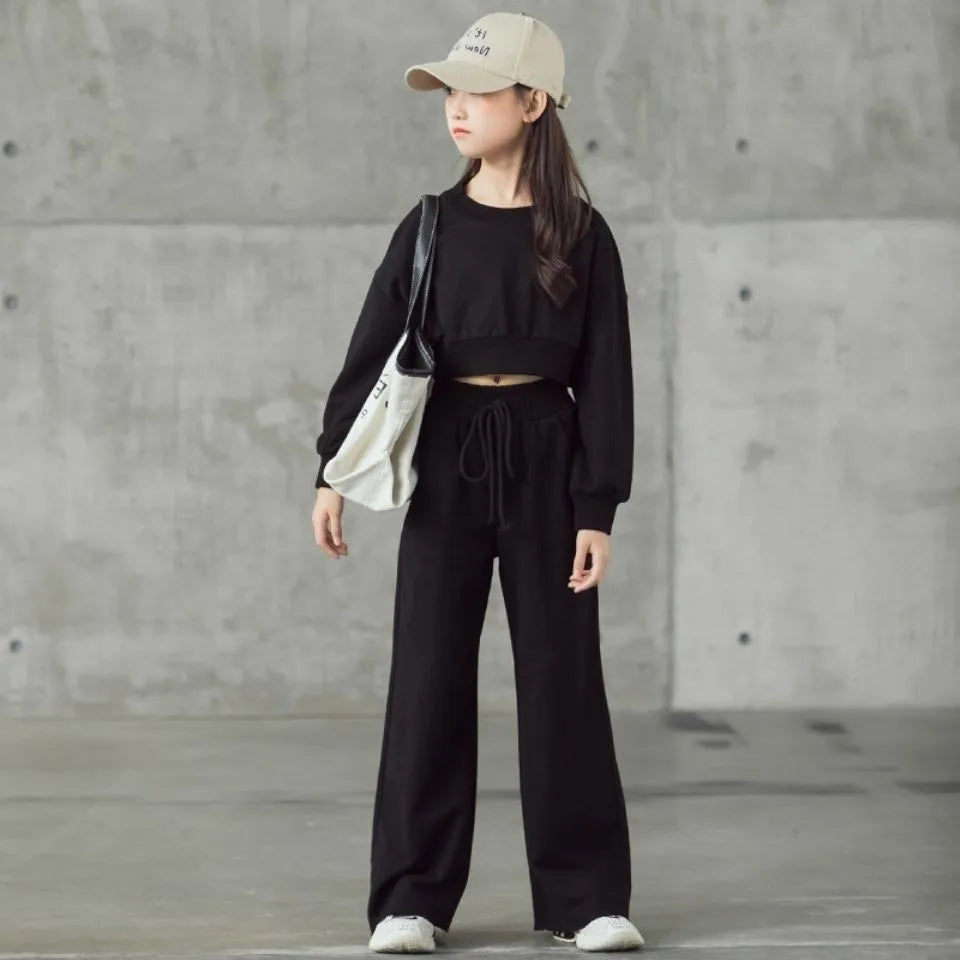 Ensemble pull et pantalon court à manches longues pour filles, couleur unie, 2 pièces, nouvelle mode printemps-automne, costume décontracté pour enfants de 4 à 12 ans