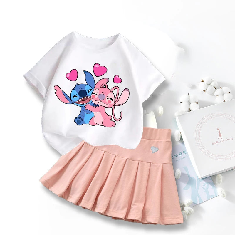 Nouveau mignon Lilo point T-shirts jupe ensemble Kawaii Disney dessin animé graphique T-shirt enfants décontracté manches courtes hauts été fille vêtements