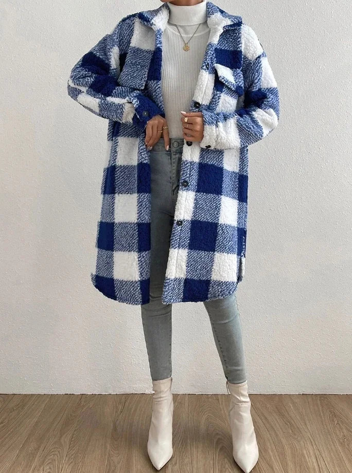 Cardigan à manches longues et col rabattu, manteau à carreaux en peluche, tempérament ample, veste longue de banlieue, vêtements d'extérieur pour femmes, automne 2023