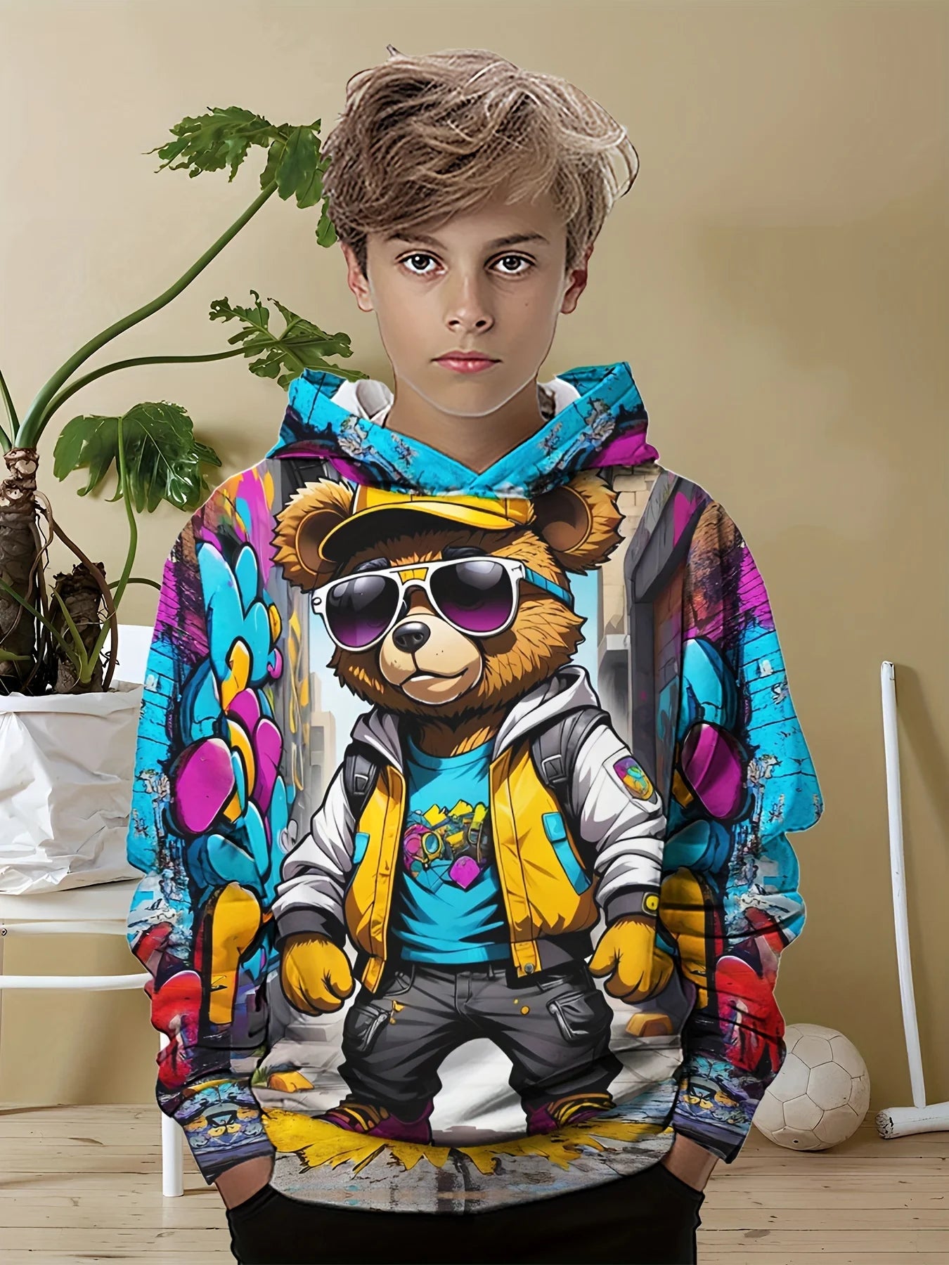 Vêtements pour enfants, sweat à capuche pour garçons, manches longues, imprimé ours Cool, vêtements de printemps et d'automne, à la mode, vêtements d'extérieur