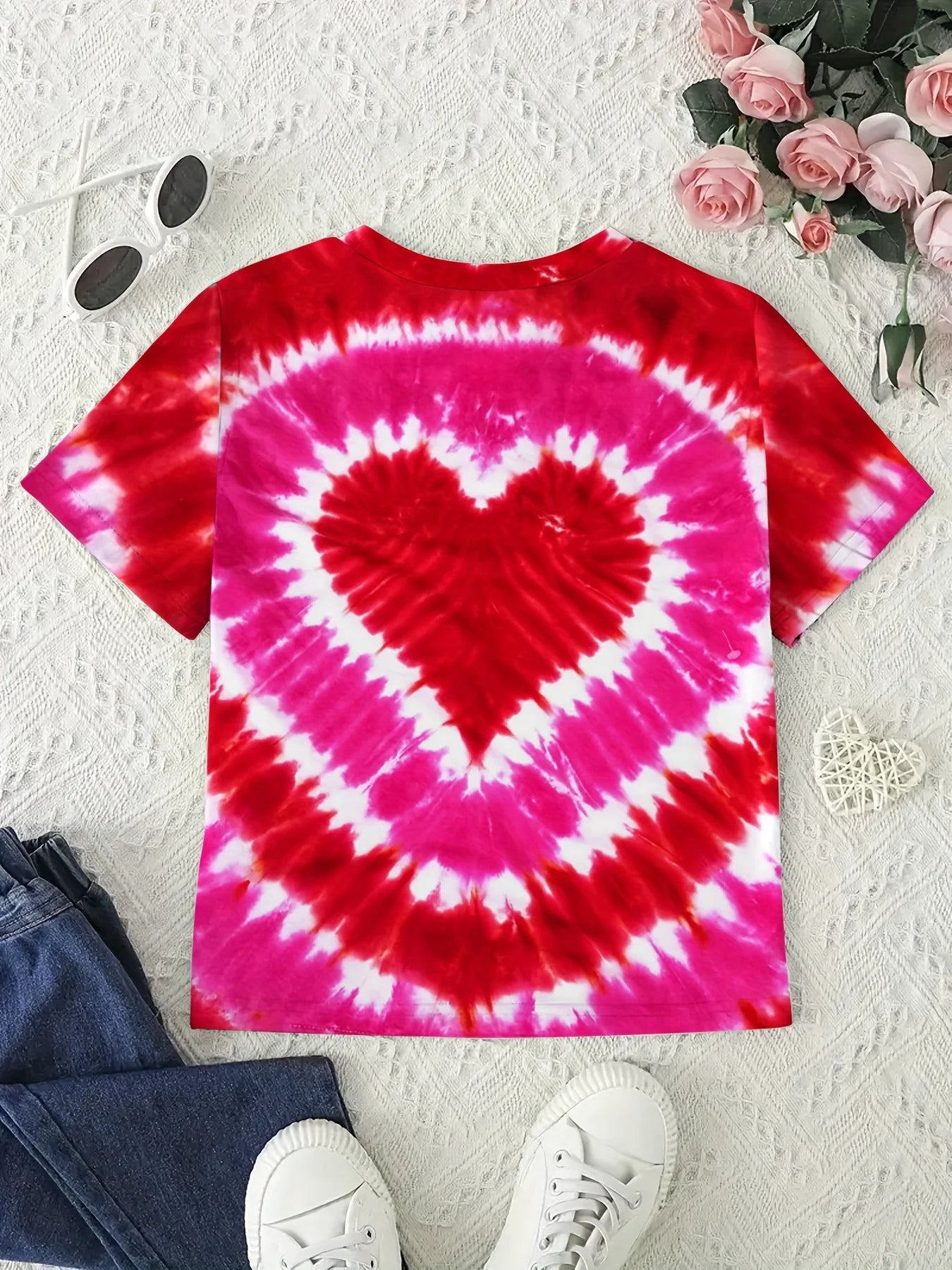 Vêtements fille T-Shirt enfant manches courtes coeur imprimé Tie Dye fille T-Shirt haut t-shirts occasionnels enfants vêtements d'été vêtements pour enfants