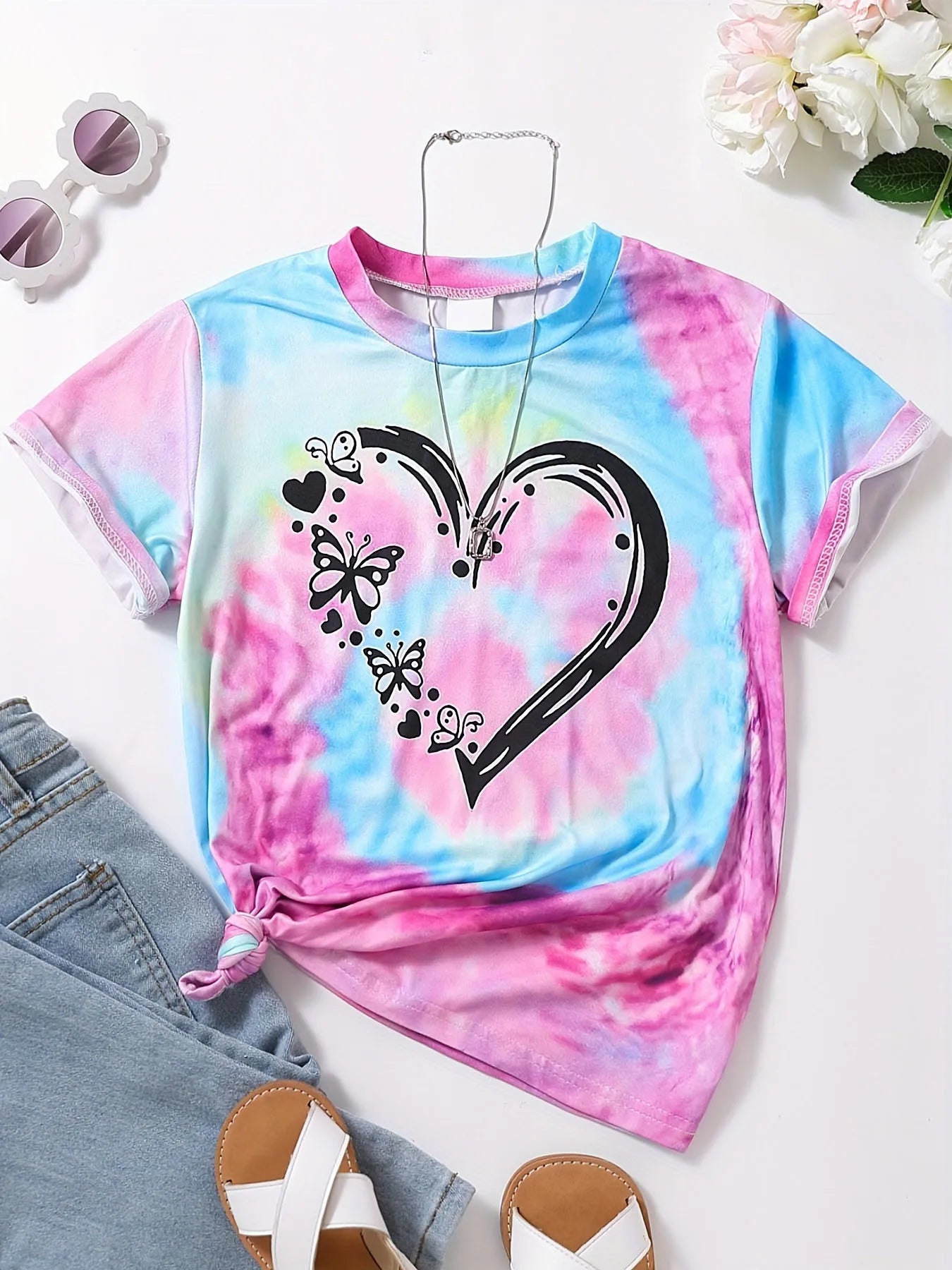 Vêtements fille T-Shirt enfant manches courtes coeur imprimé Tie Dye fille T-Shirt haut t-shirts occasionnels enfants vêtements d'été vêtements pour enfants