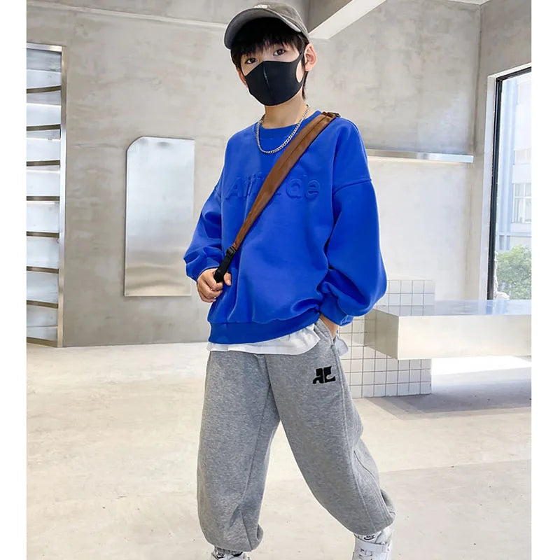 Ensemble de vêtements de sport pour garçons, sweat-shirt + pantalon imprimé de lettres de couleur unie, 2 pièces pour enfants de 5 à 14 ans, costume de loisirs de printemps et d'automne