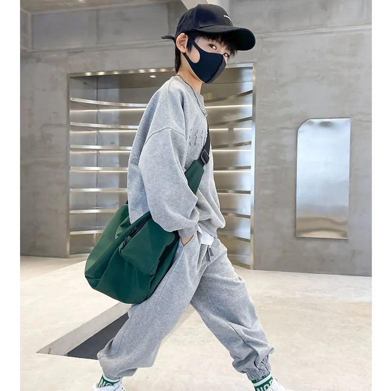 Ensemble de vêtements de sport pour garçons, sweat-shirt + pantalon imprimé de lettres de couleur unie, 2 pièces pour enfants de 5 à 14 ans, costume de loisirs de printemps et d'automne