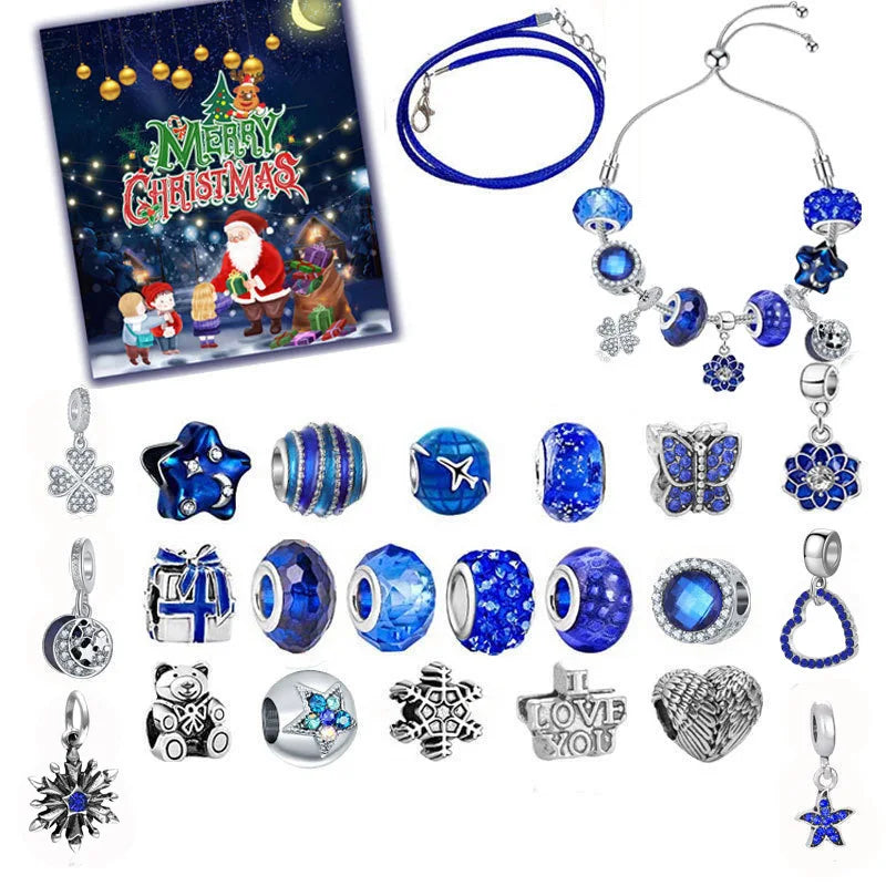 Advent Calendar Jewelry for Women, Christmas Countdown Calendar DIY Charm Bracelets Necklace with Blue Charm Beads, Christmas Surprise Gift