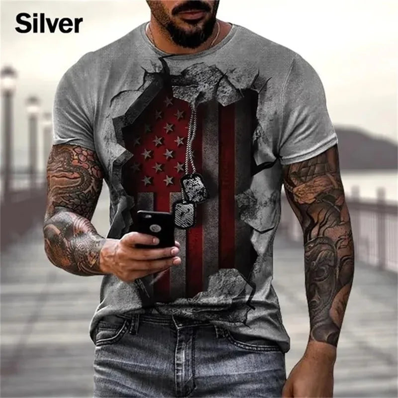 T-shirt manches courtes homme, Streetwear, surdimensionné, personnalisé, Hipster, rétro, imprimé drapeau américain en 3d