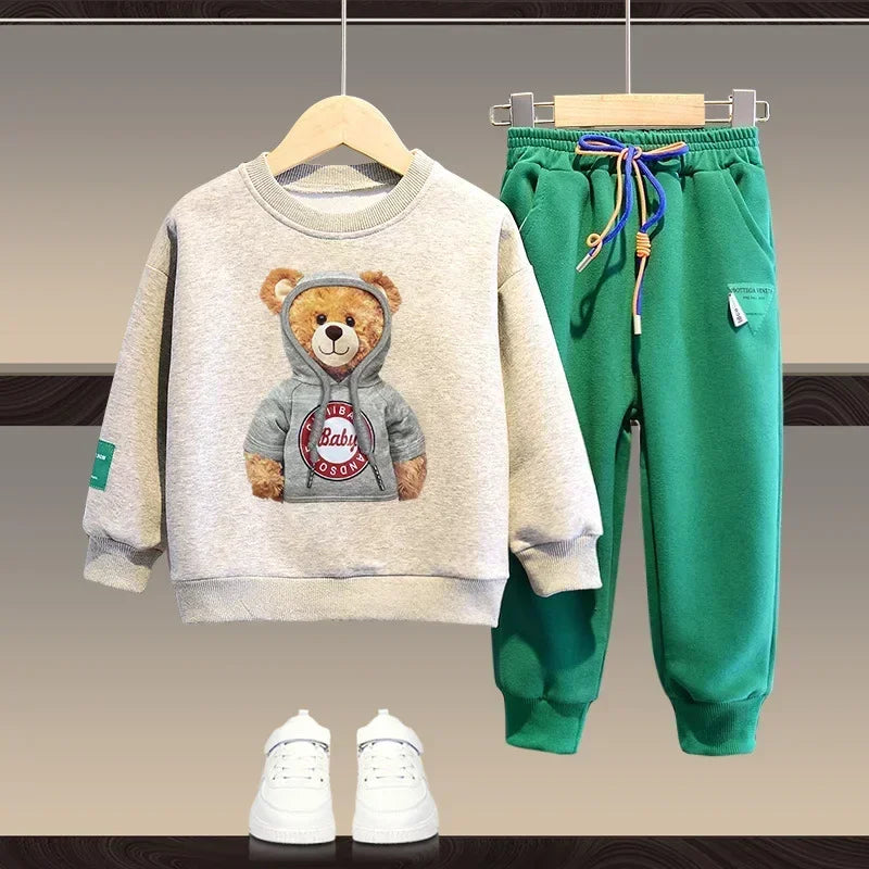 Ensemble de vêtements d'automne pour bébés filles et garçons, sweat-shirt avec ours de dessin animé, pantalon et haut à boutons, costume deux pièces, survêtement en coton