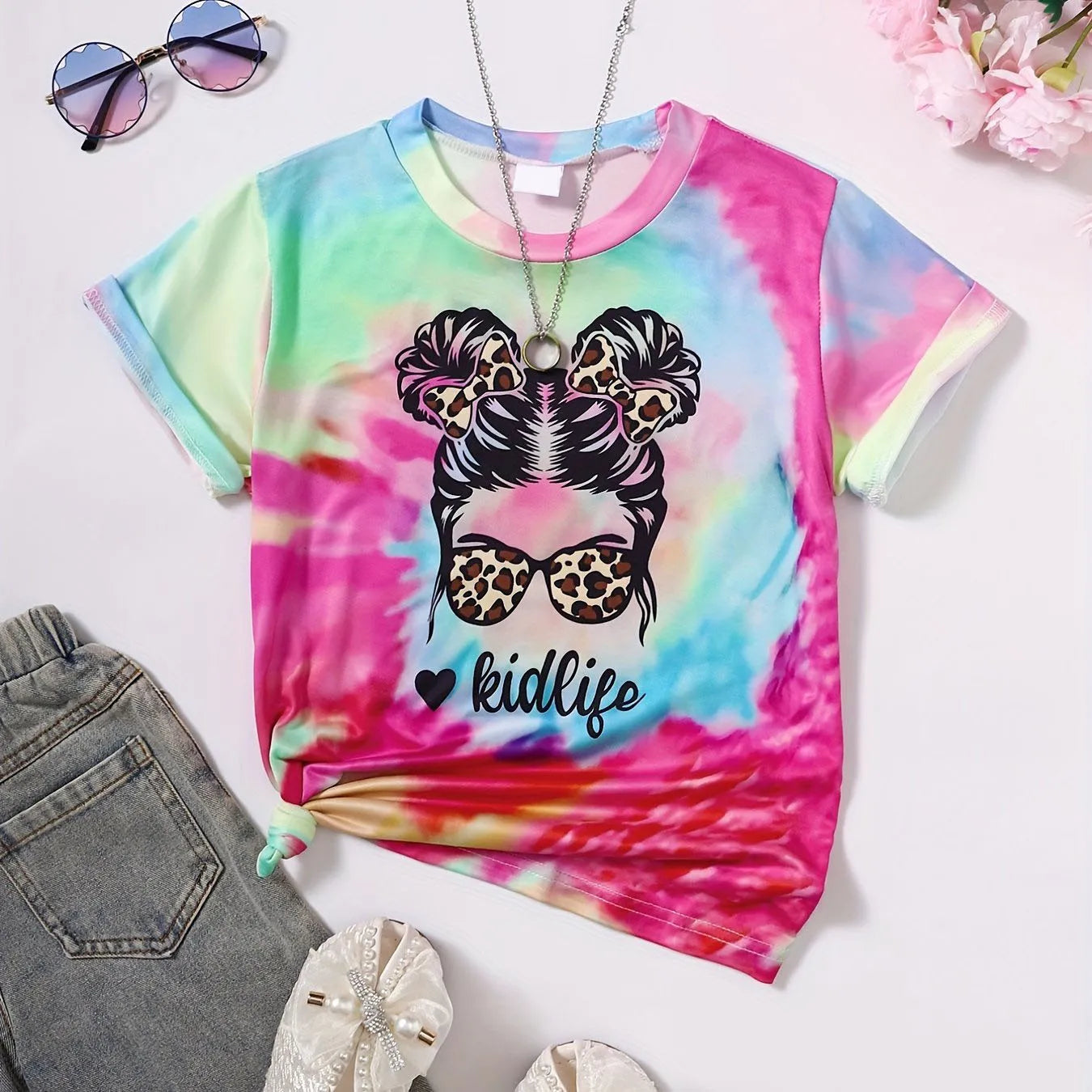 Vêtements fille T-Shirt enfant manches courtes coeur imprimé Tie Dye fille T-Shirt haut t-shirts occasionnels enfants vêtements d'été vêtements pour enfants