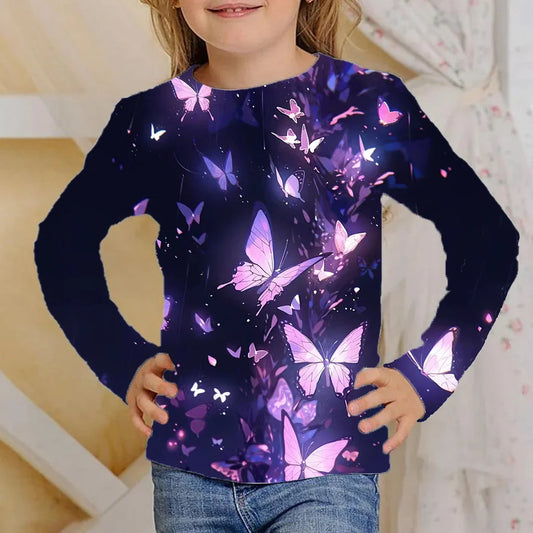 Vêtements pour filles de 4 à 12 ans, t-shirts noirs à manches longues avec papillon brillant, mode automne 2025, hauts pour enfants