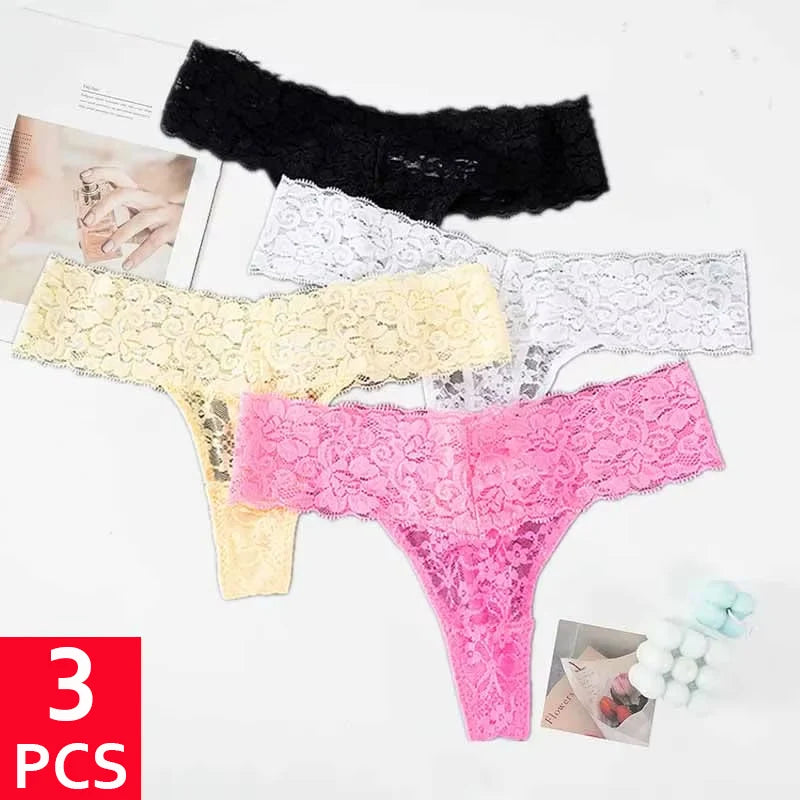 3 pièces dentelle florale femmes culottes taille basse respirant slips femme string sous-vêtements M-2XL solide Sexy string Transparent culotte