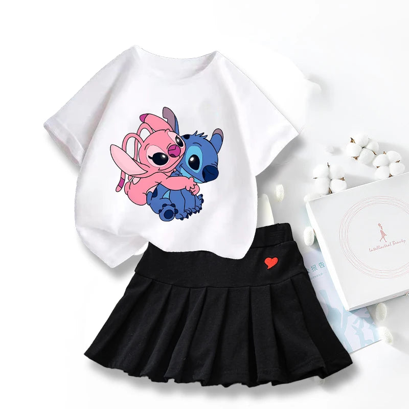 Nouveau mignon Lilo point T-shirts jupe ensemble Kawaii Disney dessin animé graphique T-shirt enfants décontracté manches courtes hauts été fille vêtements