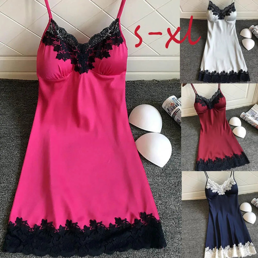 Robe de nuit d'été en soie pour femmes, Lingerie Sexy, dentelle, Patchwork, Mini robe de nuit, bretelles Spaghetti, sans coussinet de poitrine, vêtements de nuit pour dames