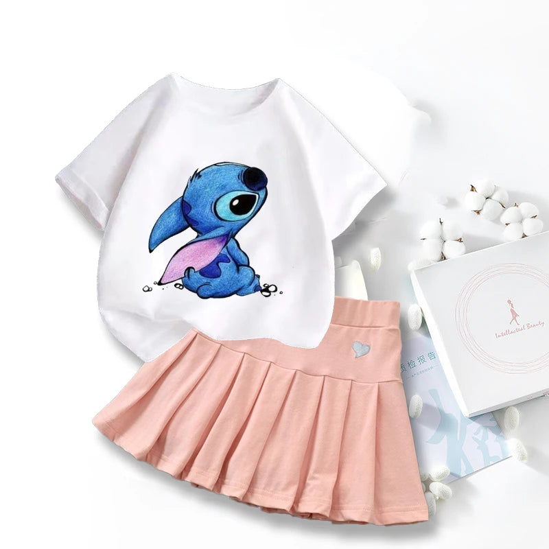 Nouveau mignon Lilo point T-shirts jupe ensemble Kawaii Disney dessin animé graphique T-shirt enfants décontracté manches courtes hauts été fille vêtements