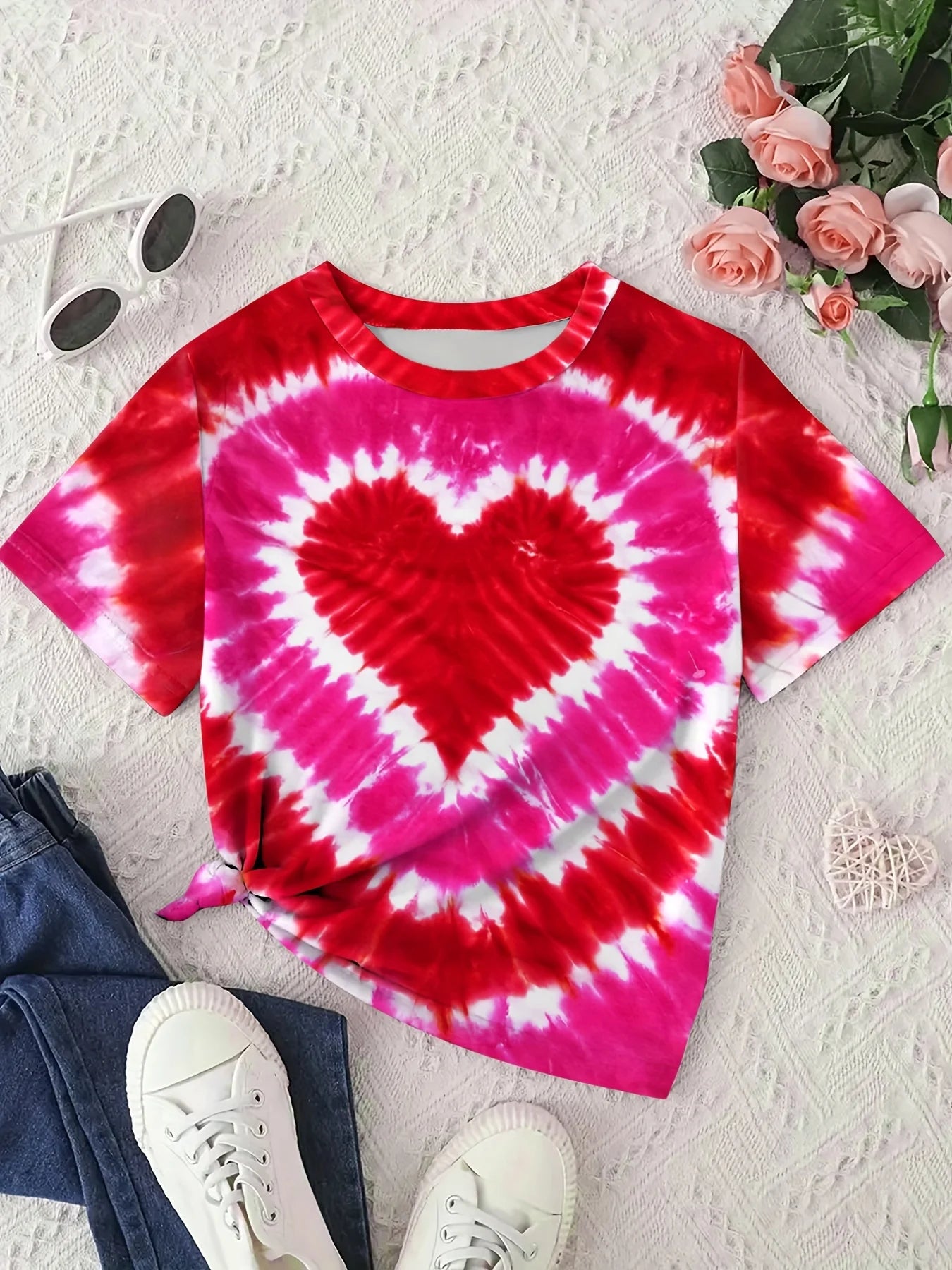 Vêtements fille T-Shirt enfant manches courtes coeur imprimé Tie Dye fille T-Shirt haut t-shirts occasionnels enfants vêtements d'été vêtements pour enfants