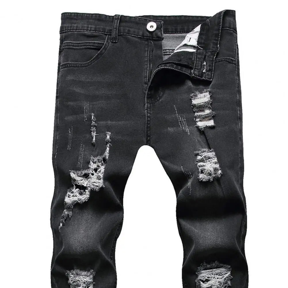 Jean Slim pour hommes peint Stretch coupe ajustée déchiré en détresse plissé genou Patch Denim pantalon marque pantalon décontracté mâle