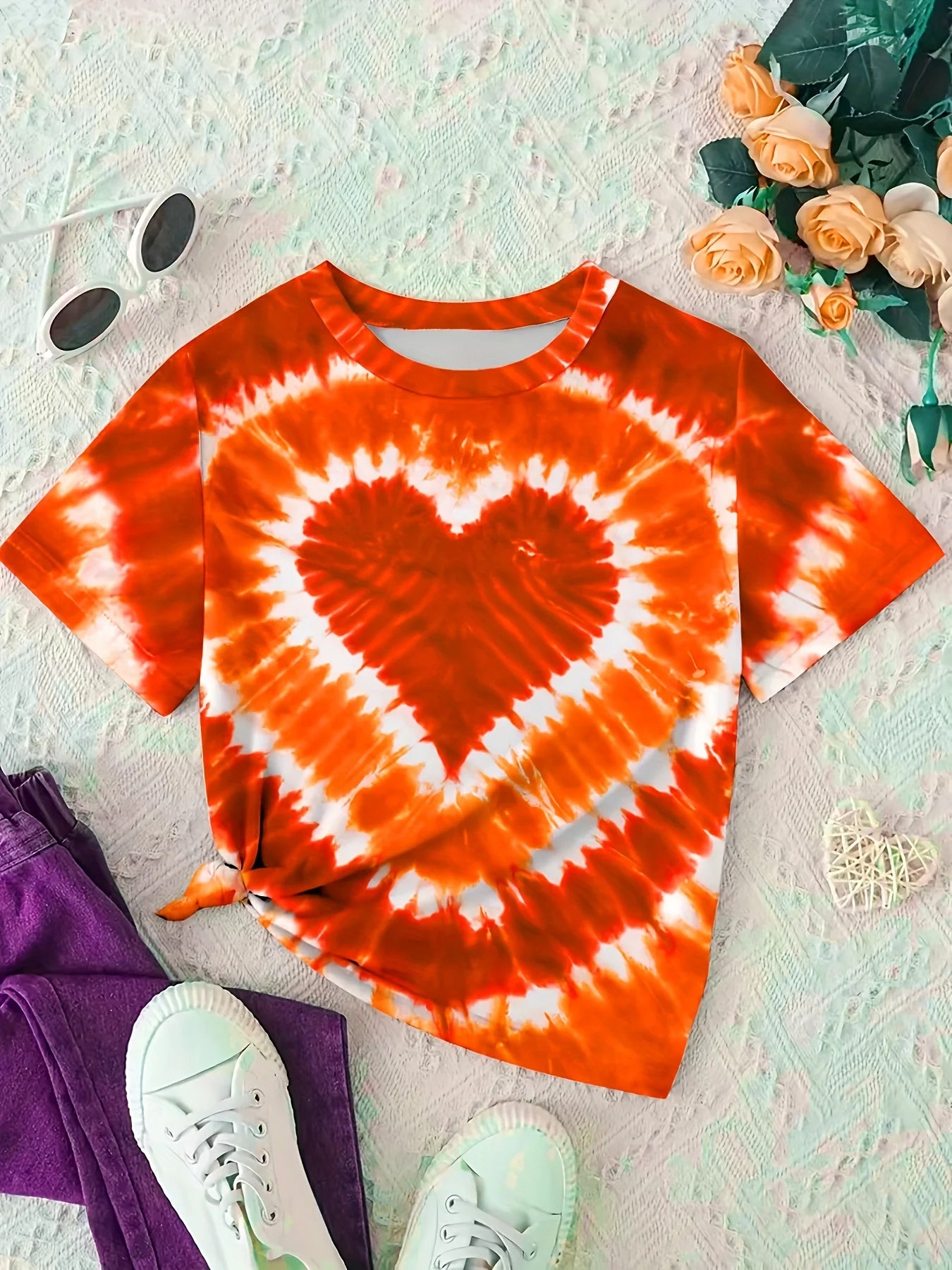 Vêtements fille T-Shirt enfant manches courtes coeur imprimé Tie Dye fille T-Shirt haut t-shirts occasionnels enfants vêtements d'été vêtements pour enfants