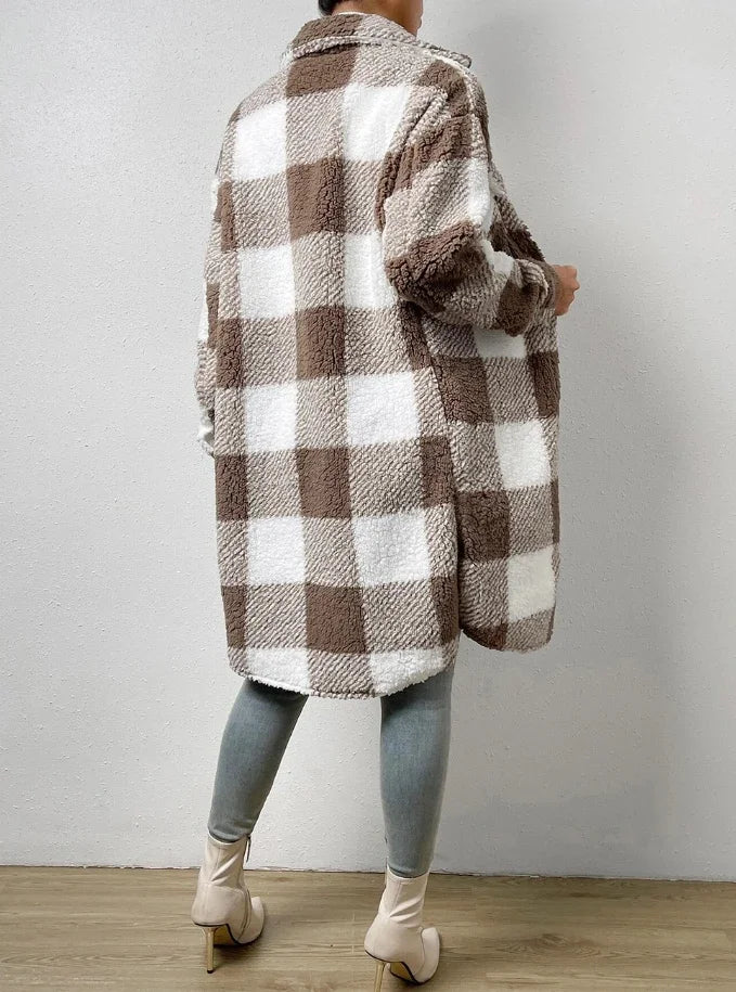 Cardigan à manches longues et col rabattu, manteau à carreaux en peluche, tempérament ample, veste longue de banlieue, vêtements d'extérieur pour femmes, automne 2023