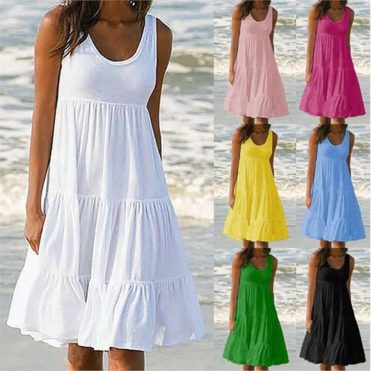 Robe d'été blanche, col rond, sans manches, à volants, ample, robe de plage, style Boho, couleur unie, élégante, tenue de soirée, boîte de nuit, mi-longue