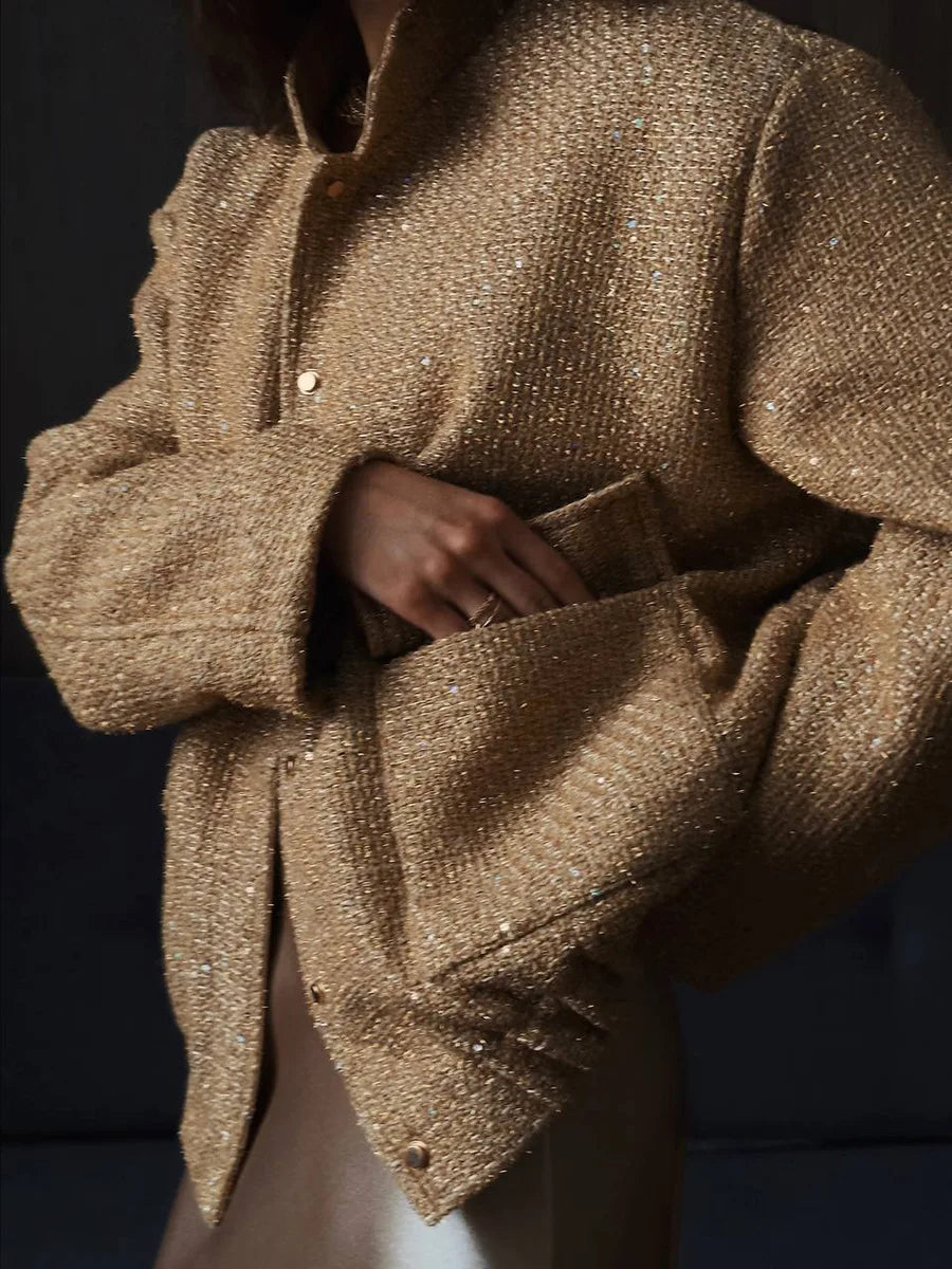Veste à paillettes dorées pour femmes, nouvelle mode, col montant, ample, vêtements d'hiver, 2025