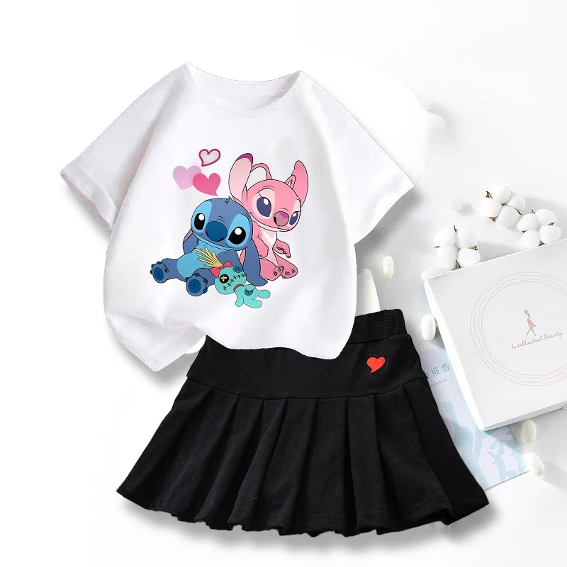 Nouveau mignon Lilo point T-shirts jupe ensemble Kawaii Disney dessin animé graphique T-shirt enfants décontracté manches courtes hauts été fille vêtements