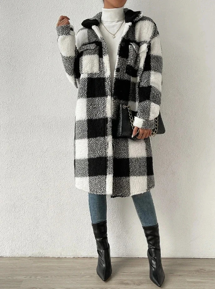 Cardigan à manches longues et col rabattu, manteau à carreaux en peluche, tempérament ample, veste longue de banlieue, vêtements d'extérieur pour femmes, automne 2023