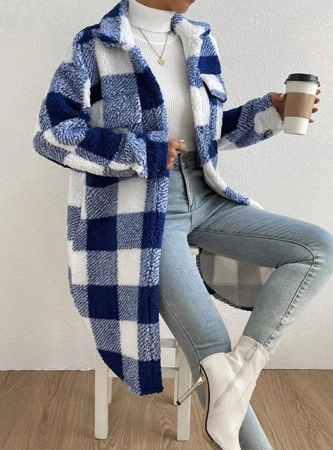 Cardigan à manches longues et col rabattu, manteau à carreaux en peluche, tempérament ample, veste longue de banlieue, vêtements d'extérieur pour femmes, automne 2023