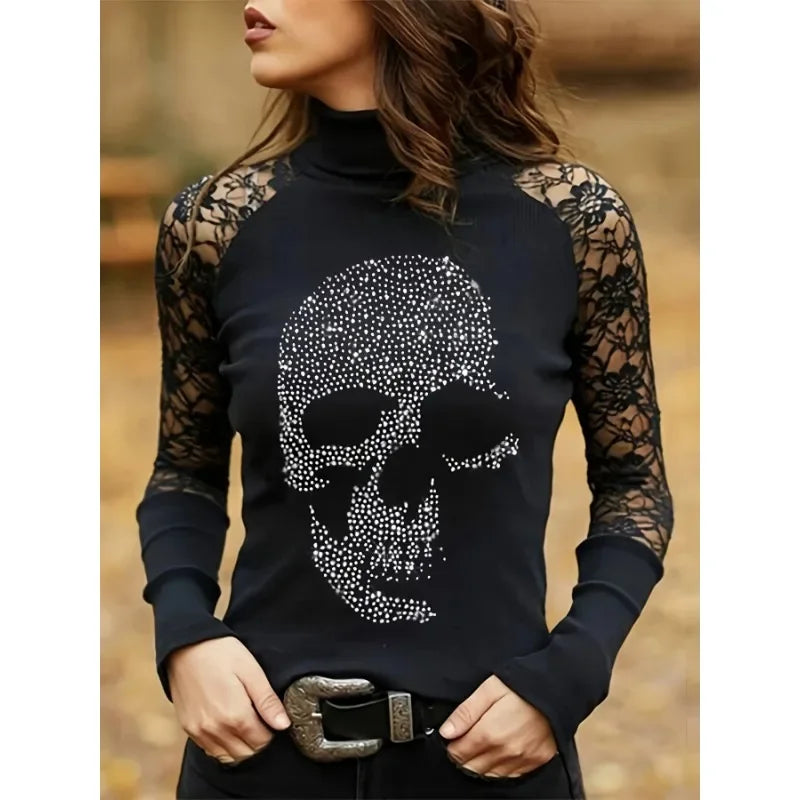 T-shirt à manches longues et col haut pour femme, haut avec panneau en dentelle et tête de mort, printemps et automne