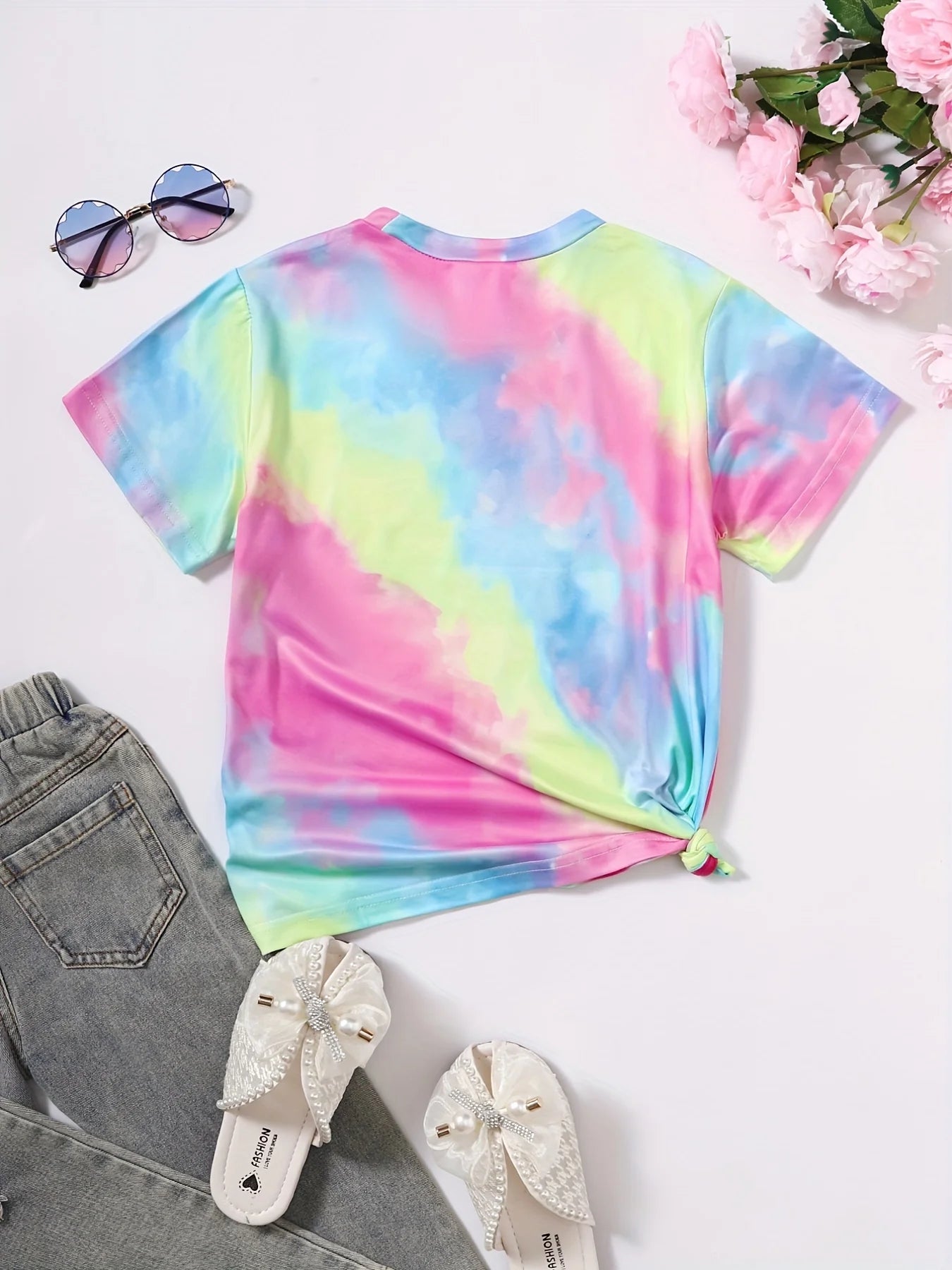 Vêtements fille T-Shirt enfant manches courtes coeur imprimé Tie Dye fille T-Shirt haut t-shirts occasionnels enfants vêtements d'été vêtements pour enfants