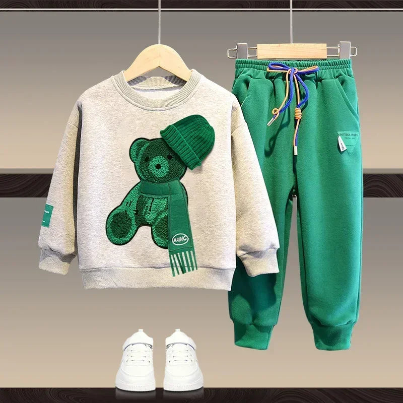 Ensemble de vêtements d'automne pour bébés filles et garçons, sweat-shirt avec ours de dessin animé, pantalon et haut à boutons, costume deux pièces, survêtement en coton