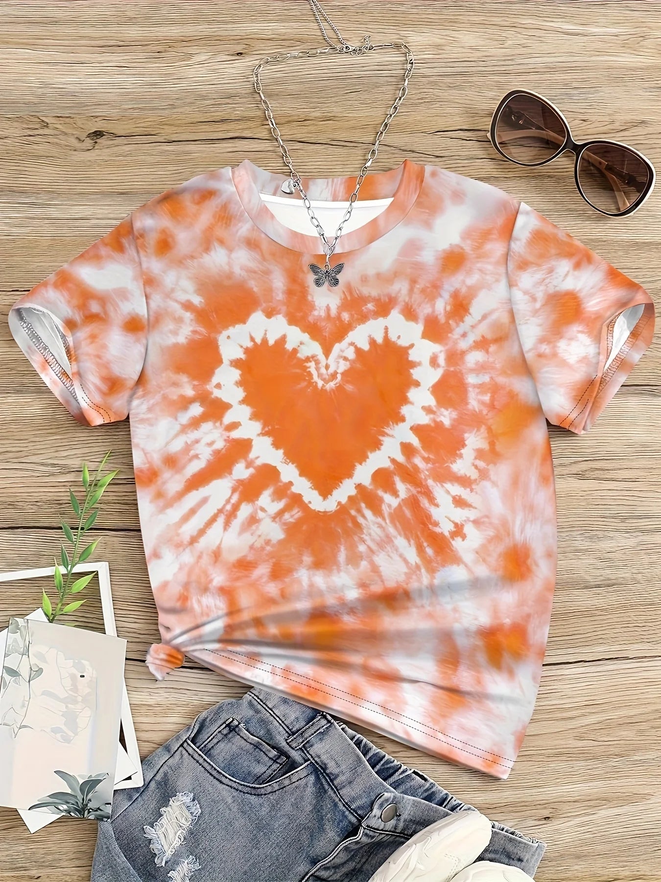 Vêtements fille T-Shirt enfant manches courtes coeur imprimé Tie Dye fille T-Shirt haut t-shirts occasionnels enfants vêtements d'été vêtements pour enfants