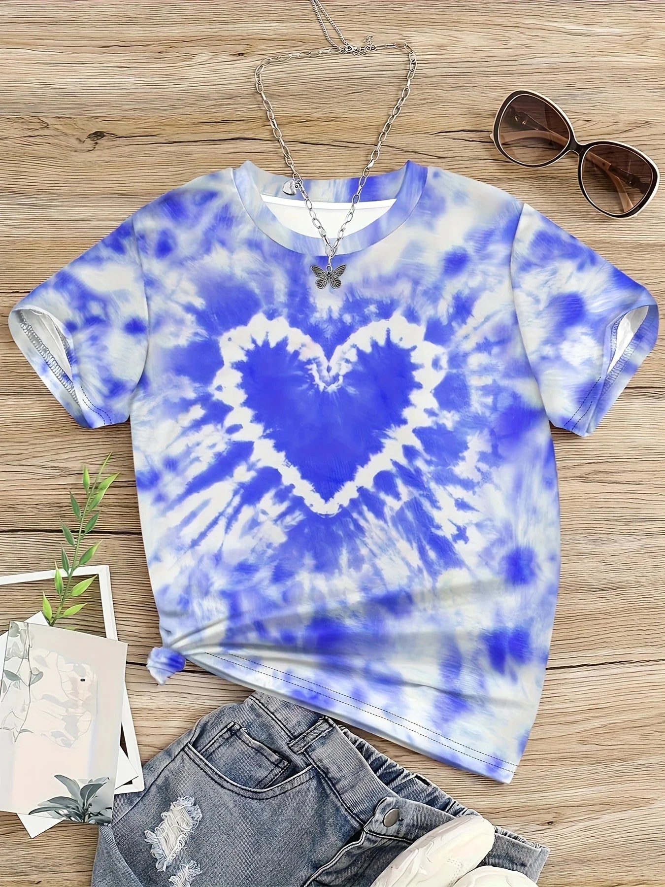 Vêtements fille T-Shirt enfant manches courtes coeur imprimé Tie Dye fille T-Shirt haut t-shirts occasionnels enfants vêtements d'été vêtements pour enfants