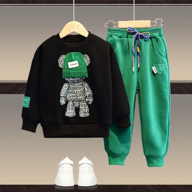 Ensemble de vêtements d'automne pour bébés filles et garçons, sweat-shirt avec ours de dessin animé, pantalon et haut à boutons, costume deux pièces, survêtement en coton