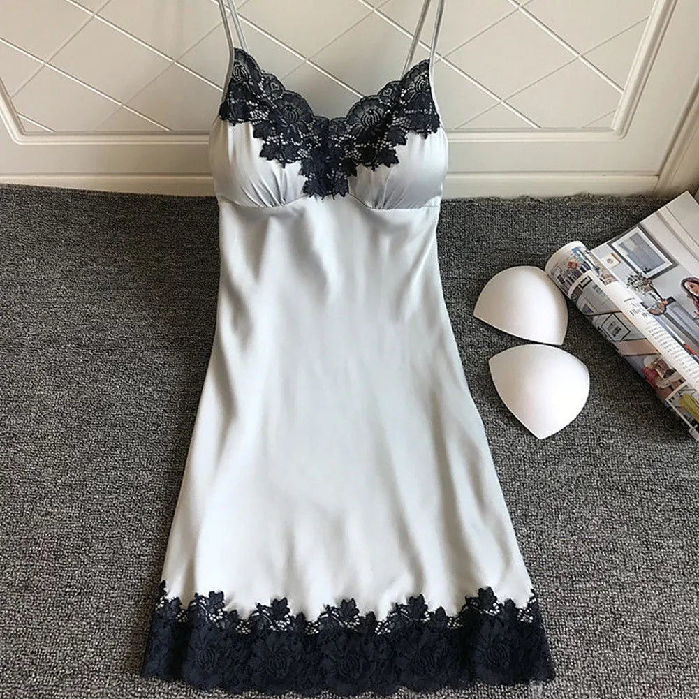 Robe de nuit d'été en soie pour femmes, Lingerie Sexy, dentelle, Patchwork, Mini robe de nuit, bretelles Spaghetti, sans coussinet de poitrine, vêtements de nuit pour dames