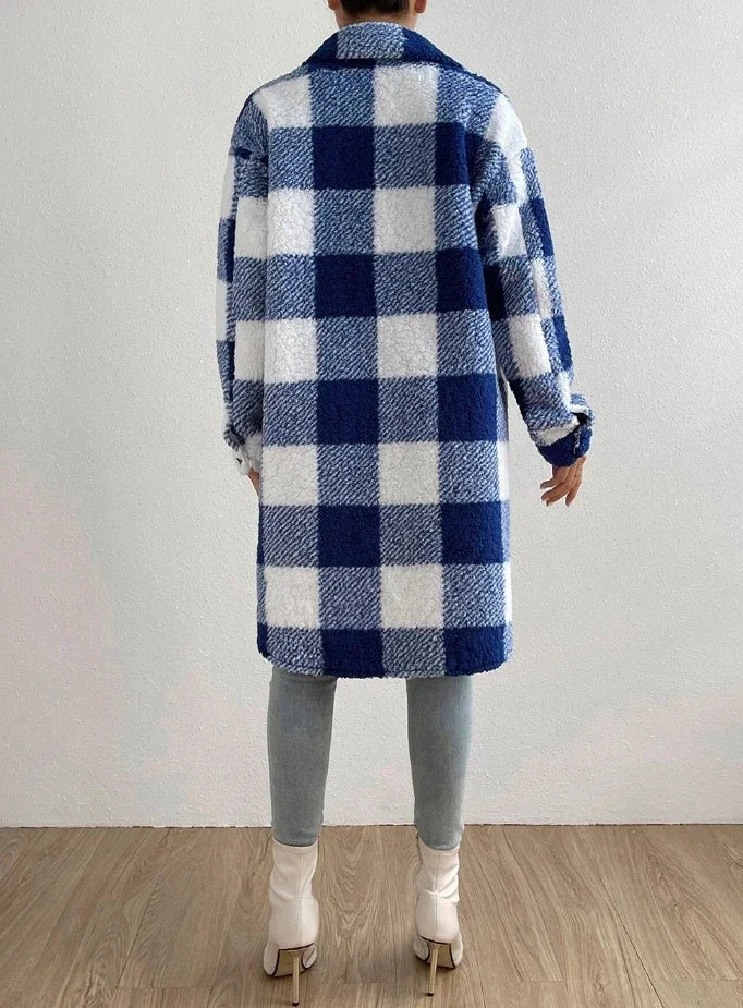 Cardigan à manches longues et col rabattu, manteau à carreaux en peluche, tempérament ample, veste longue de banlieue, vêtements d'extérieur pour femmes, automne 2023