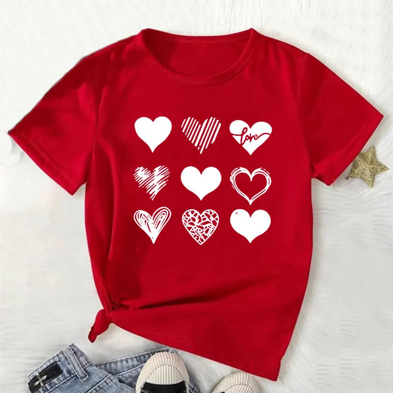 T-shirt décontracté à col rond pour femmes avec motif coeur géométrique à manches courtes rouge t-shirts décontractés haut