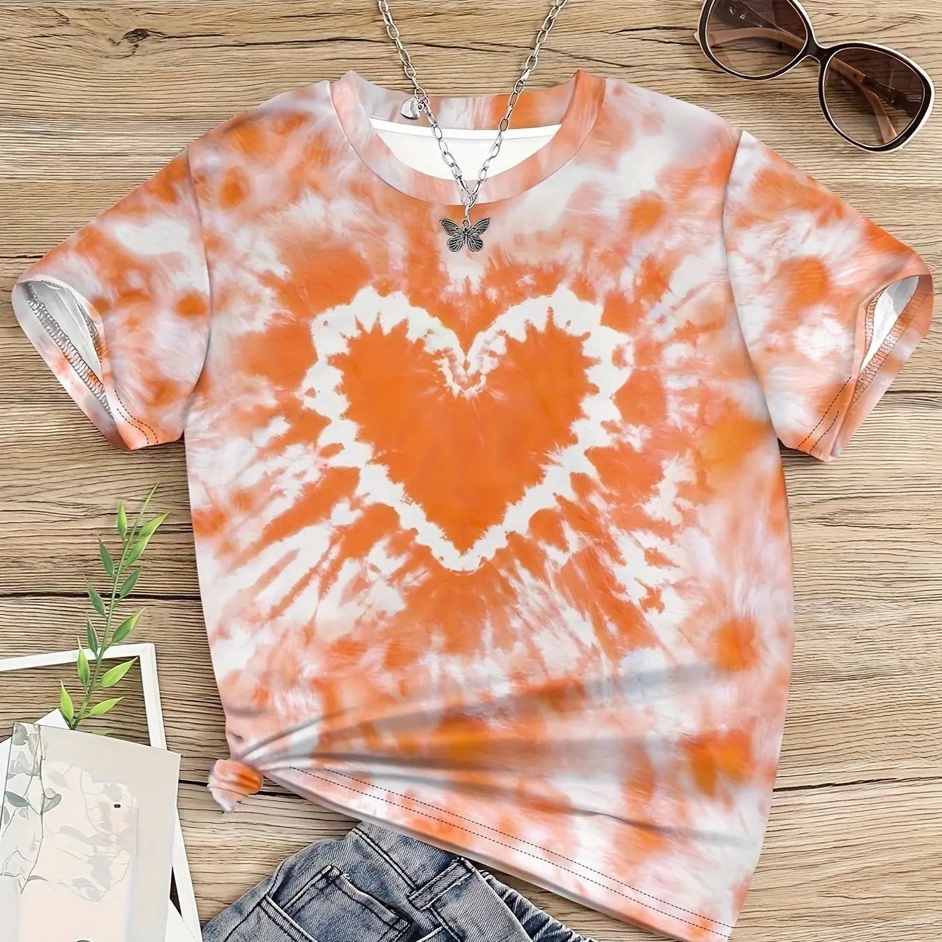 Vêtements fille T-Shirt enfant manches courtes coeur imprimé Tie Dye fille T-Shirt haut t-shirts occasionnels enfants vêtements d'été vêtements pour enfants