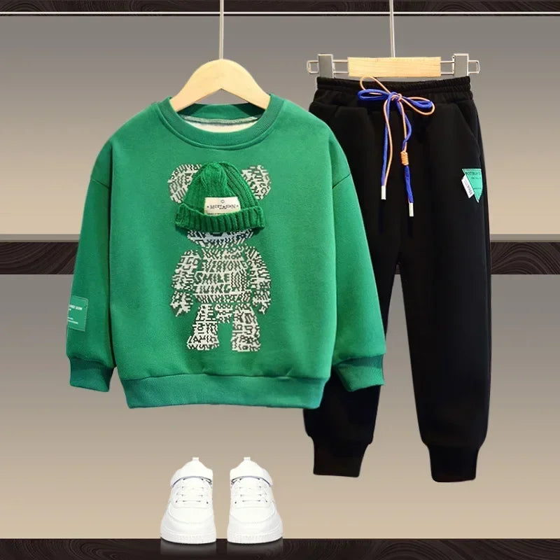 Ensemble de vêtements d'automne pour bébés filles et garçons, sweat-shirt avec ours de dessin animé, pantalon et haut à boutons, costume deux pièces, survêtement en coton