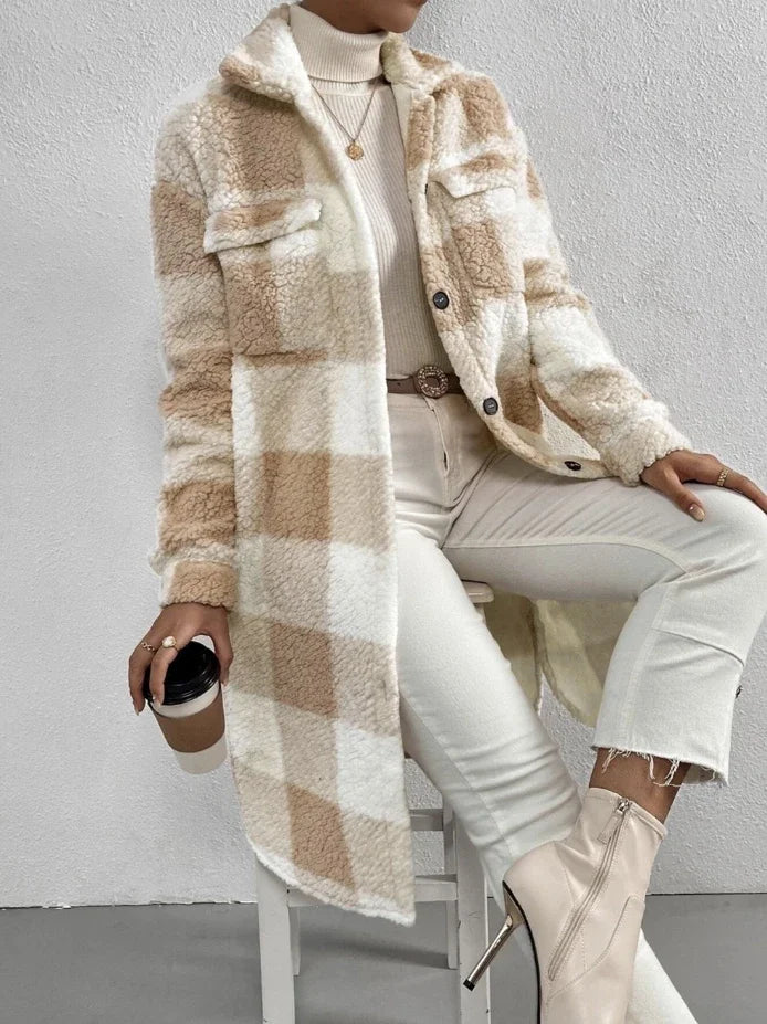 Cardigan à manches longues et col rabattu, manteau à carreaux en peluche, tempérament ample, veste longue de banlieue, vêtements d'extérieur pour femmes, automne 2023