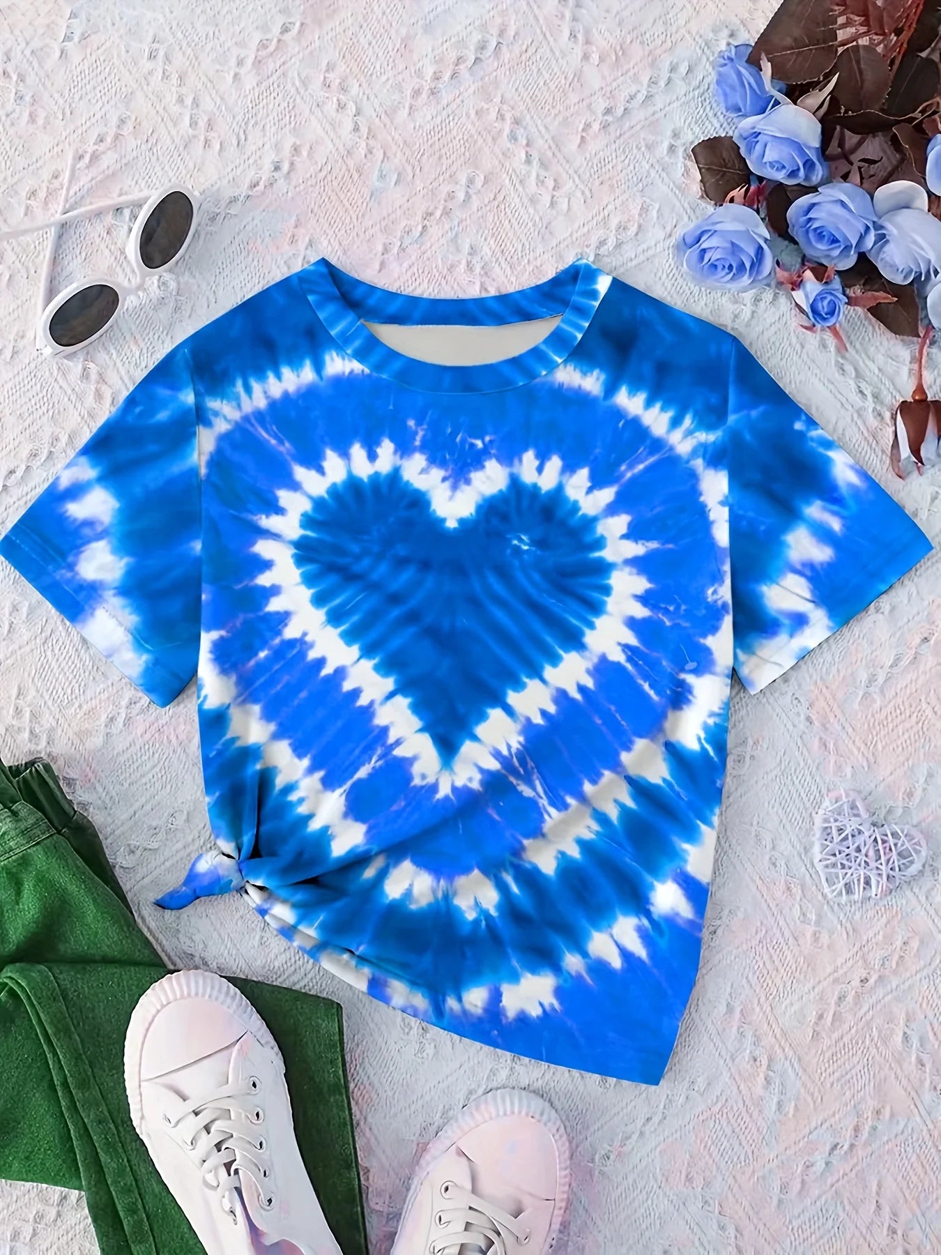 Vêtements fille T-Shirt enfant manches courtes coeur imprimé Tie Dye fille T-Shirt haut t-shirts occasionnels enfants vêtements d'été vêtements pour enfants