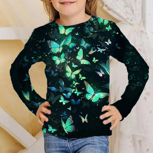 Vêtements pour filles de 4 à 12 ans, t-shirts noirs à manches longues avec papillon brillant, mode automne 2025, hauts pour enfants