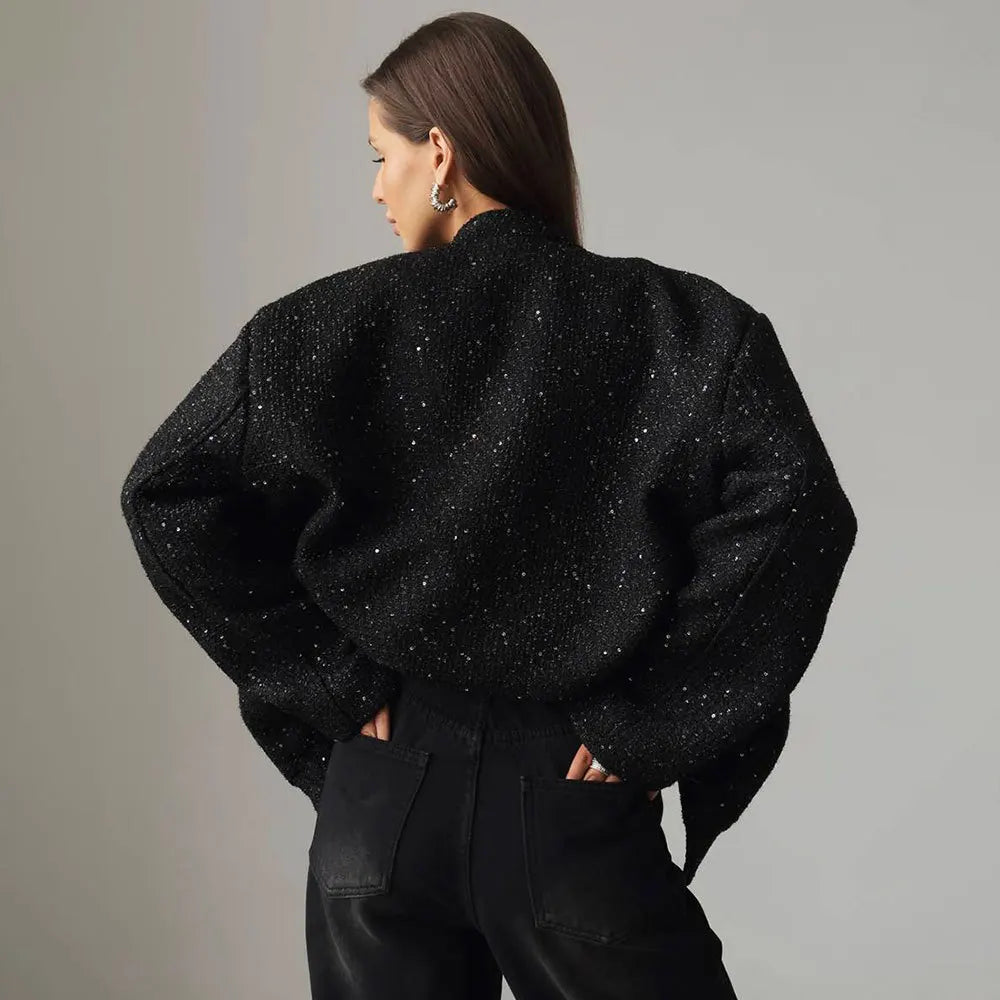 Veste à paillettes dorées pour femmes, nouvelle mode, col montant, ample, vêtements d'hiver, 2025