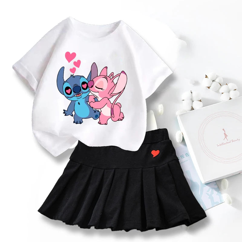 Nouveau mignon Lilo point T-shirts jupe ensemble Kawaii Disney dessin animé graphique T-shirt enfants décontracté manches courtes hauts été fille vêtements