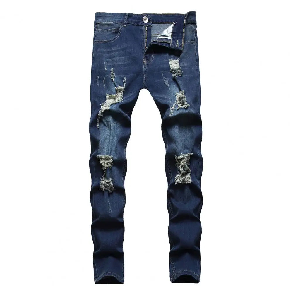 Jean Slim pour hommes peint Stretch coupe ajustée déchiré en détresse plissé genou Patch Denim pantalon marque pantalon décontracté mâle