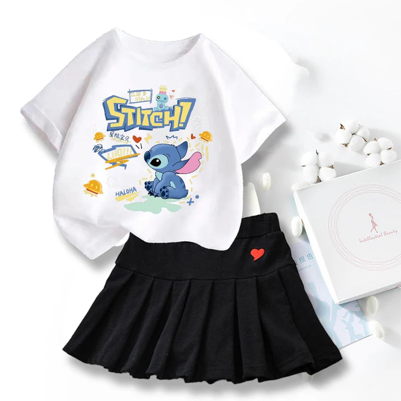 Nouveau mignon Lilo point T-shirts jupe ensemble Kawaii Disney dessin animé graphique T-shirt enfants décontracté manches courtes hauts été fille vêtements