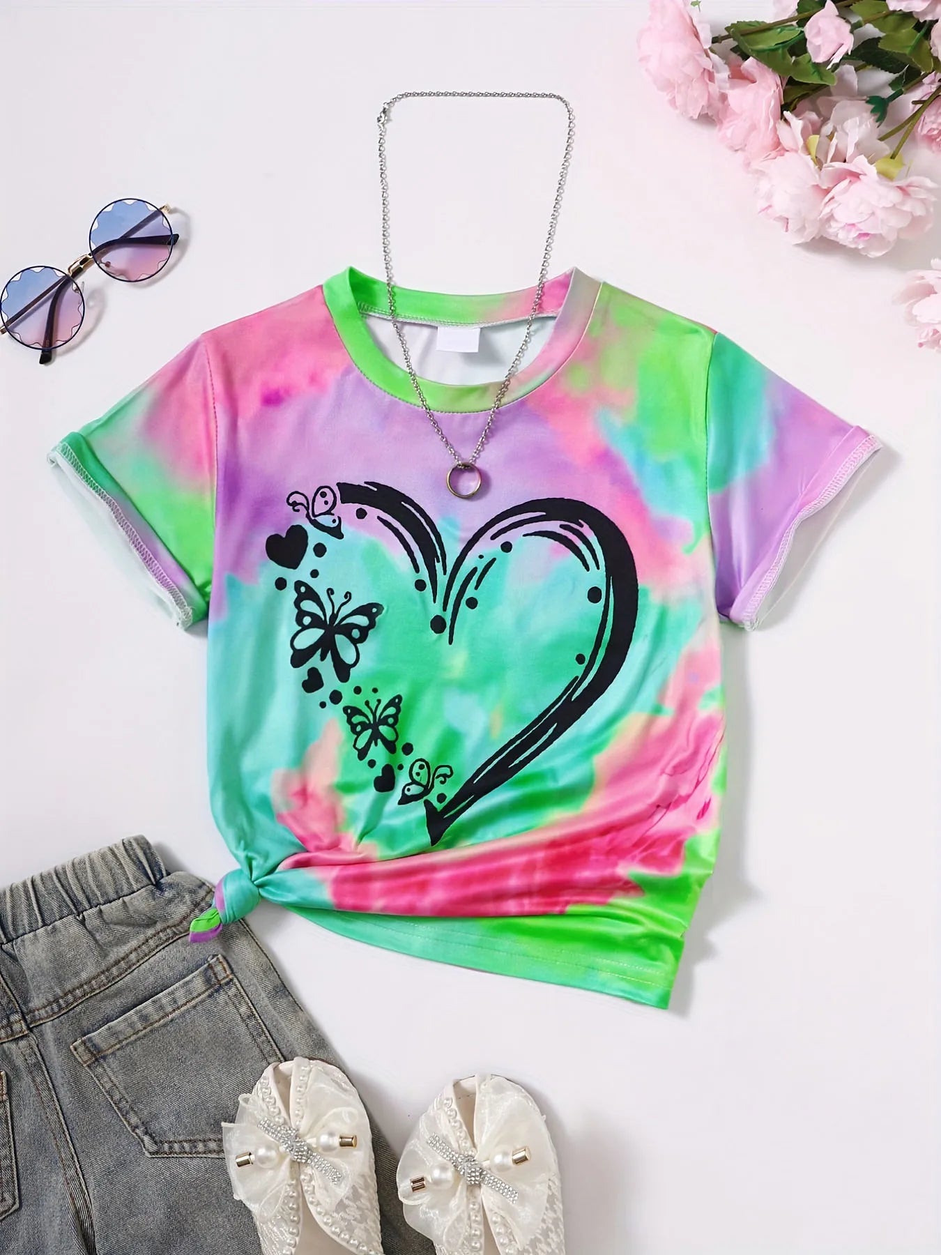 Vêtements fille T-Shirt enfant manches courtes coeur imprimé Tie Dye fille T-Shirt haut t-shirts occasionnels enfants vêtements d'été vêtements pour enfants