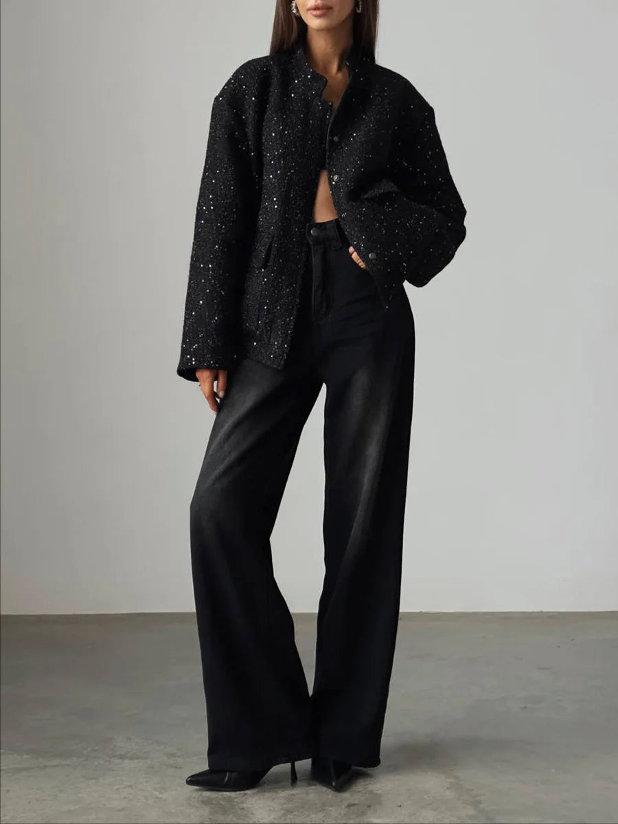 Veste à paillettes dorées pour femmes, nouvelle mode, col montant, ample, vêtements d'hiver, 2025