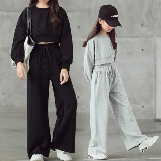 Ensemble pull et pantalon court à manches longues pour filles, couleur unie, 2 pièces, nouvelle mode printemps-automne, costume décontracté pour enfants de 4 à 12 ans