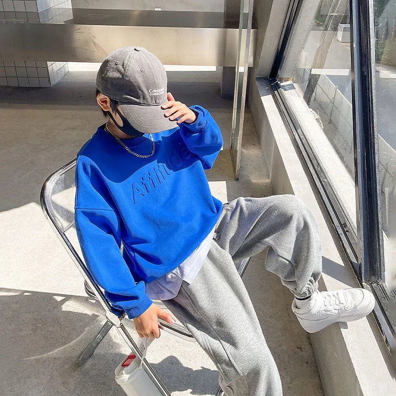 Ensemble de vêtements de sport pour garçons, sweat-shirt + pantalon imprimé de lettres de couleur unie, 2 pièces pour enfants de 5 à 14 ans, costume de loisirs de printemps et d'automne